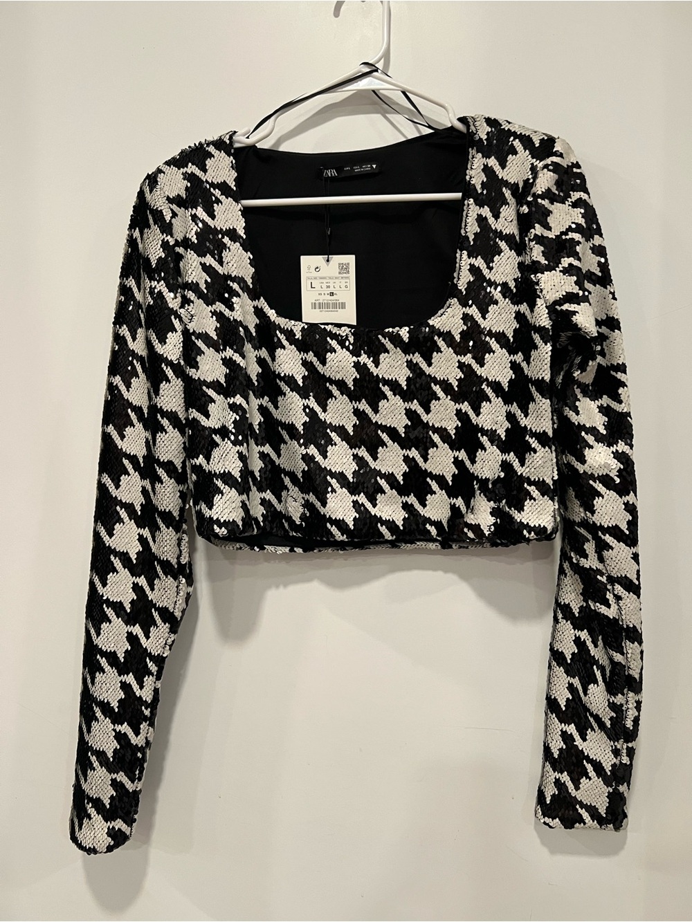Zara NWT Black & White Houndstooth Sequin Cropped Top